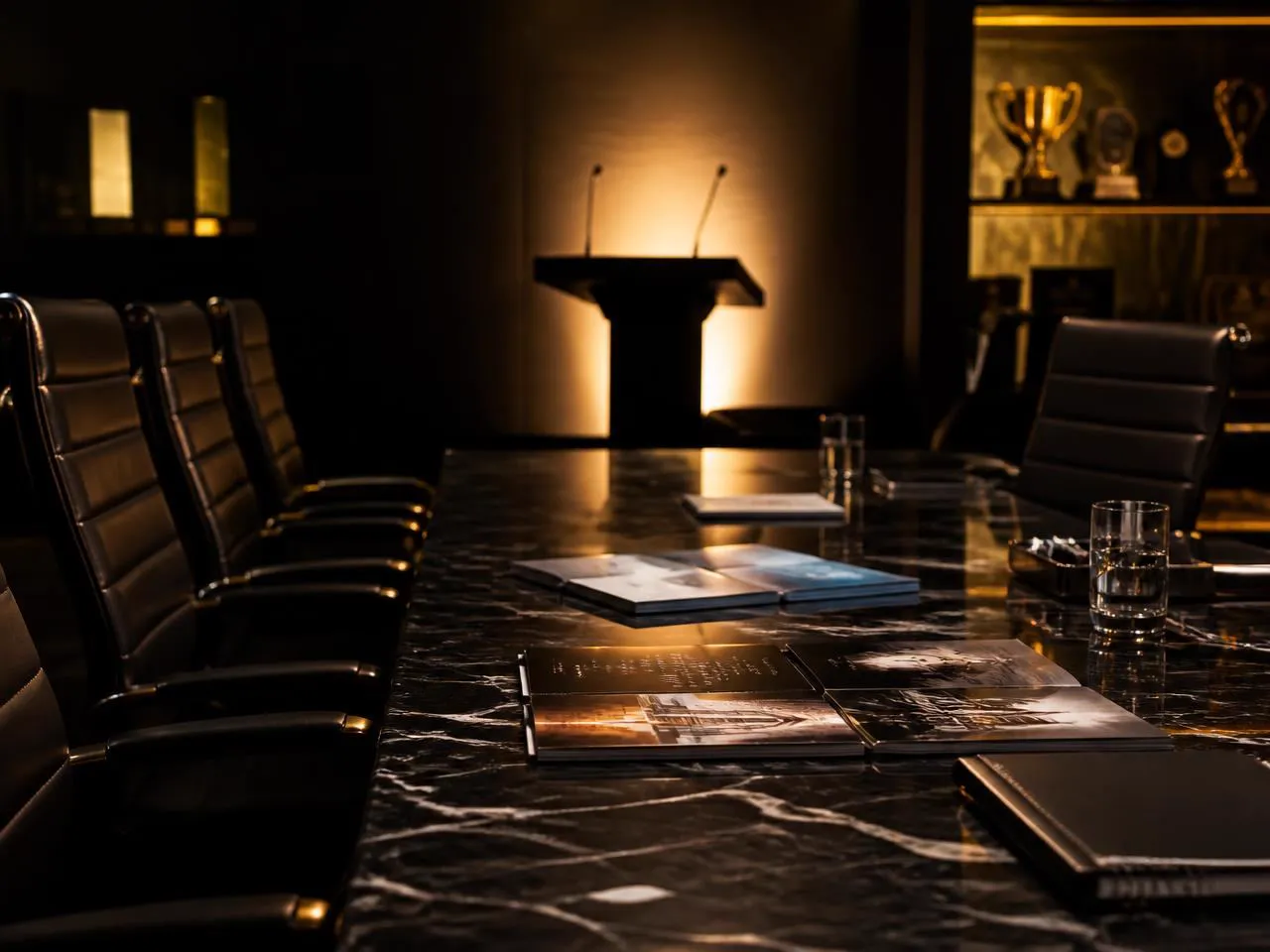 A dark boardroom with industry reports, a lectern and recognition shelf