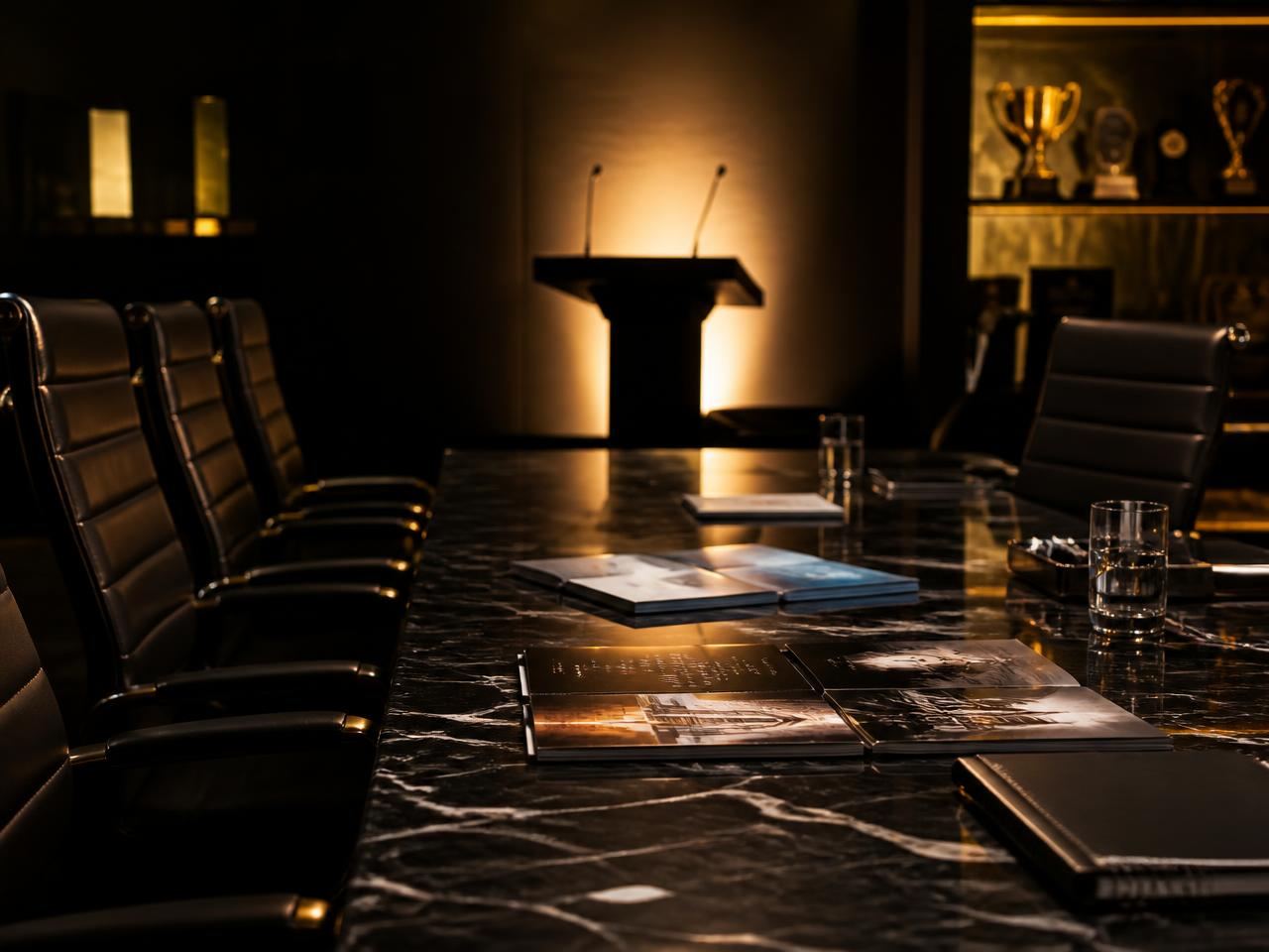 A dark boardroom with industry reports, a lectern and recognition shelf