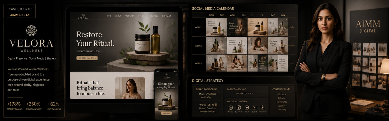 Velora Wellness case study board: website, social calendar and digital strategy