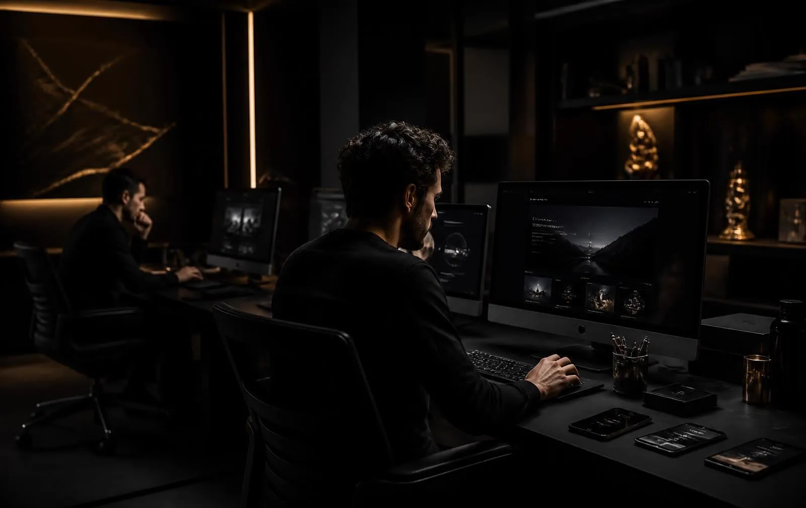 Dark creative technology studio with designers building luxury dark-mode interfaces
