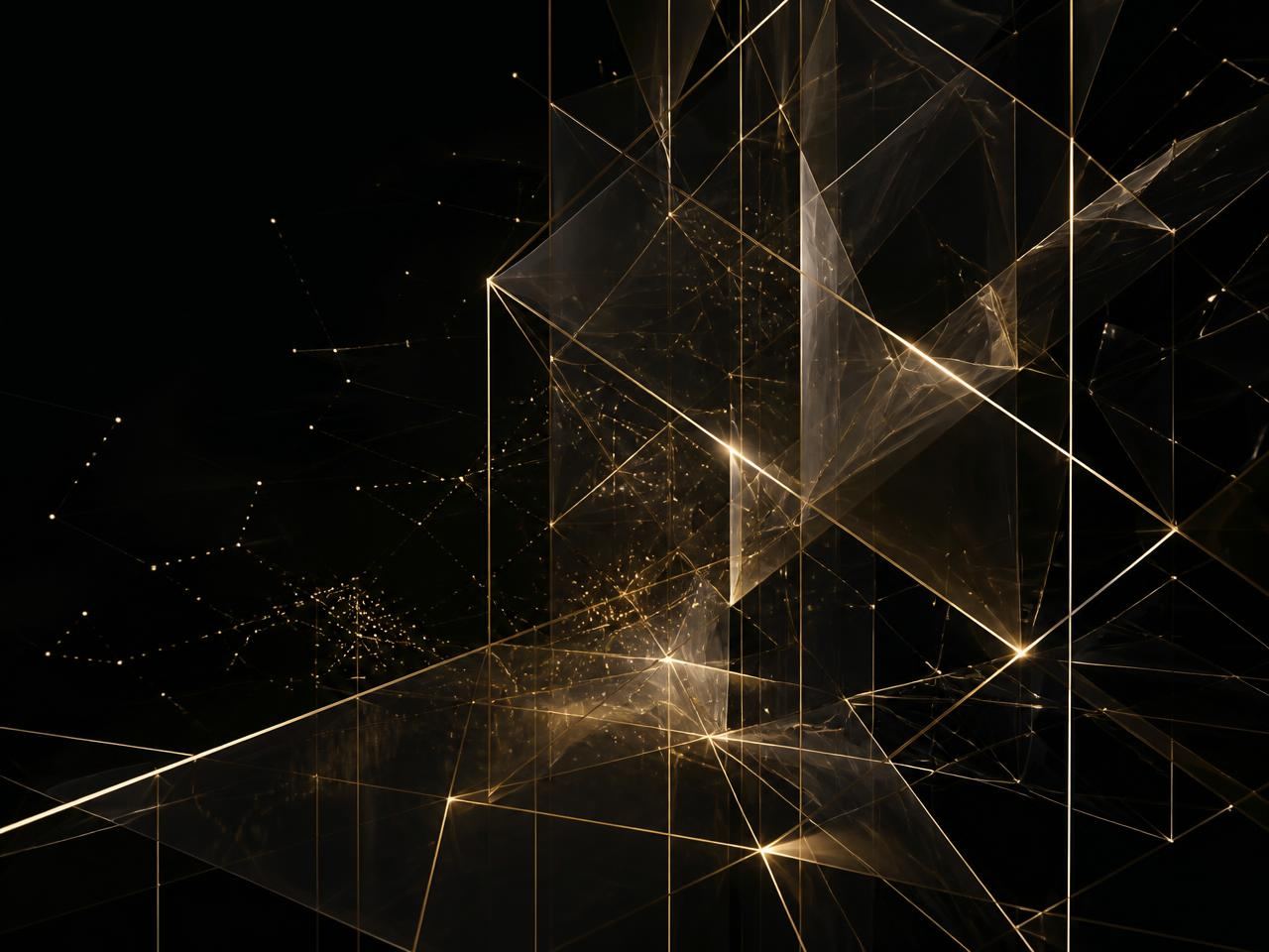An expanding architectural lattice of gold lines over black, suggesting future growth