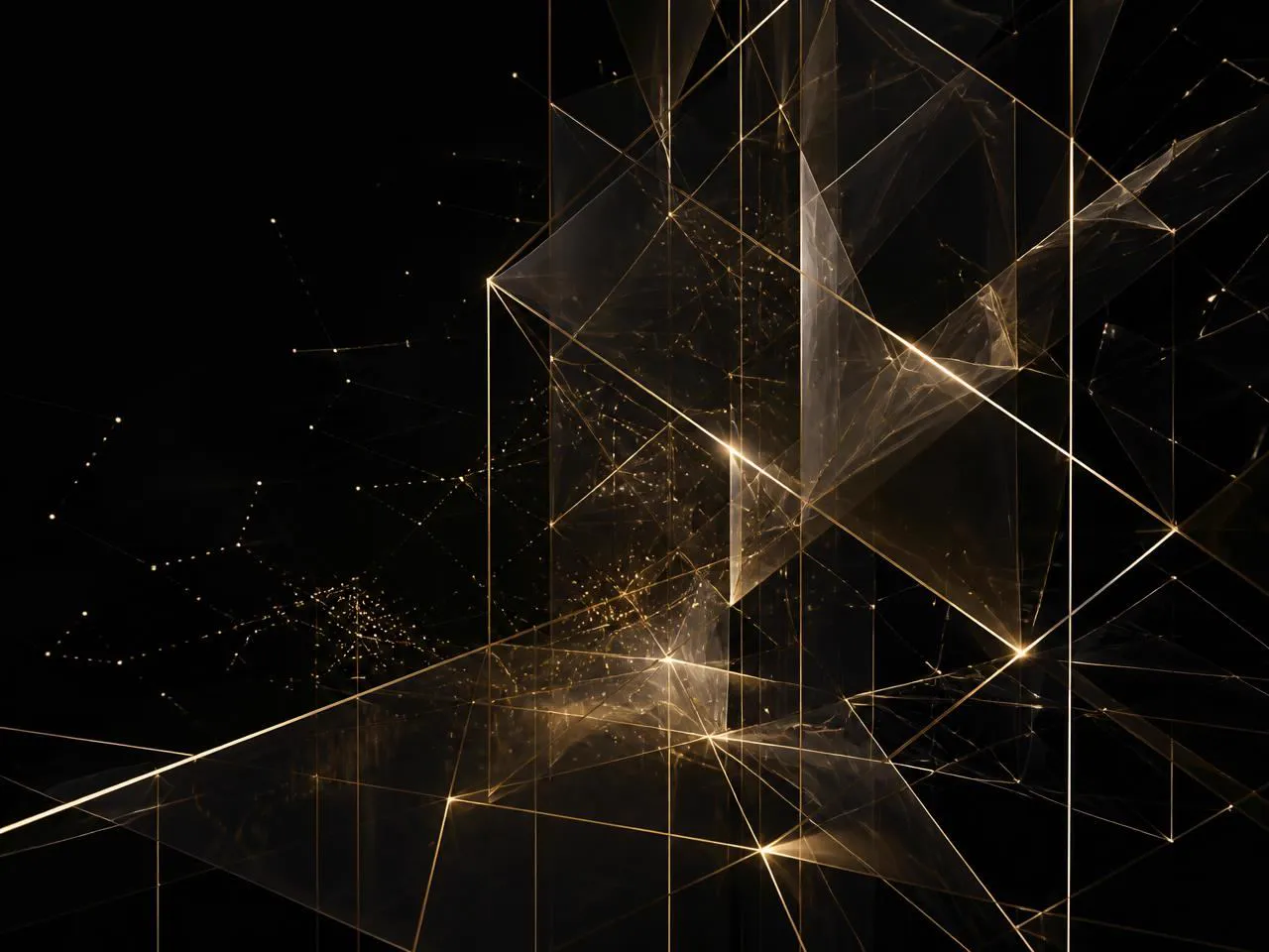 An expanding architectural lattice of gold lines over black, suggesting future growth