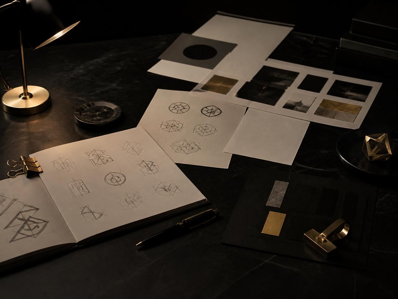 Logo sketches, identity boards and brand documents on a dark studio table