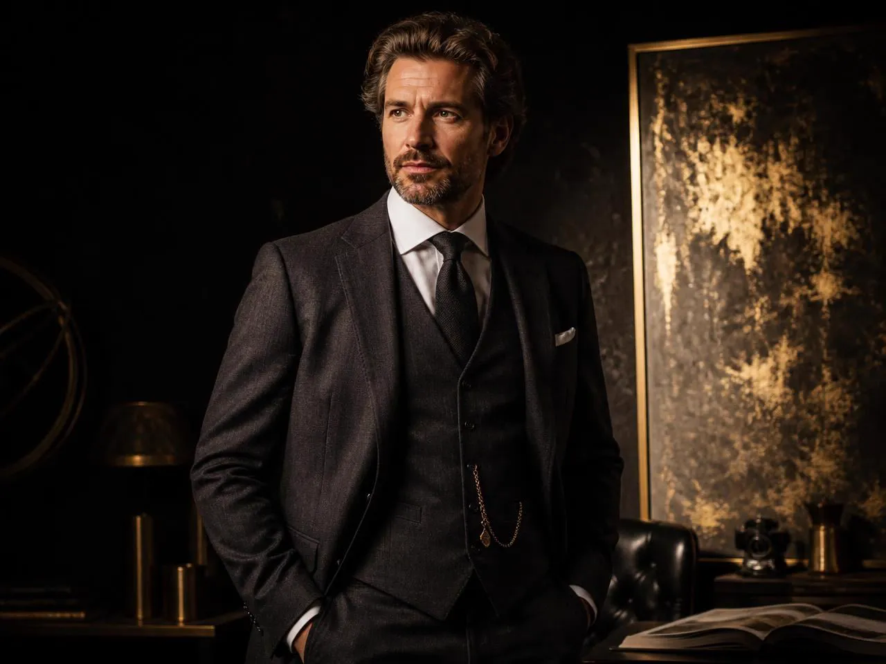 A composed professional in a tailored three-piece suit in a dark luxury studio