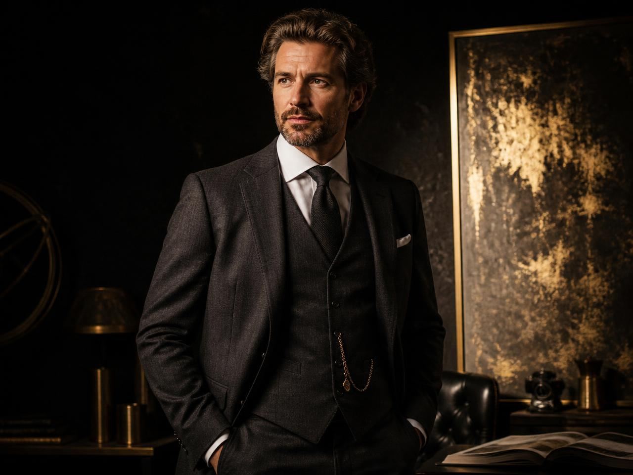 A composed professional in a tailored three-piece suit in a dark luxury studio