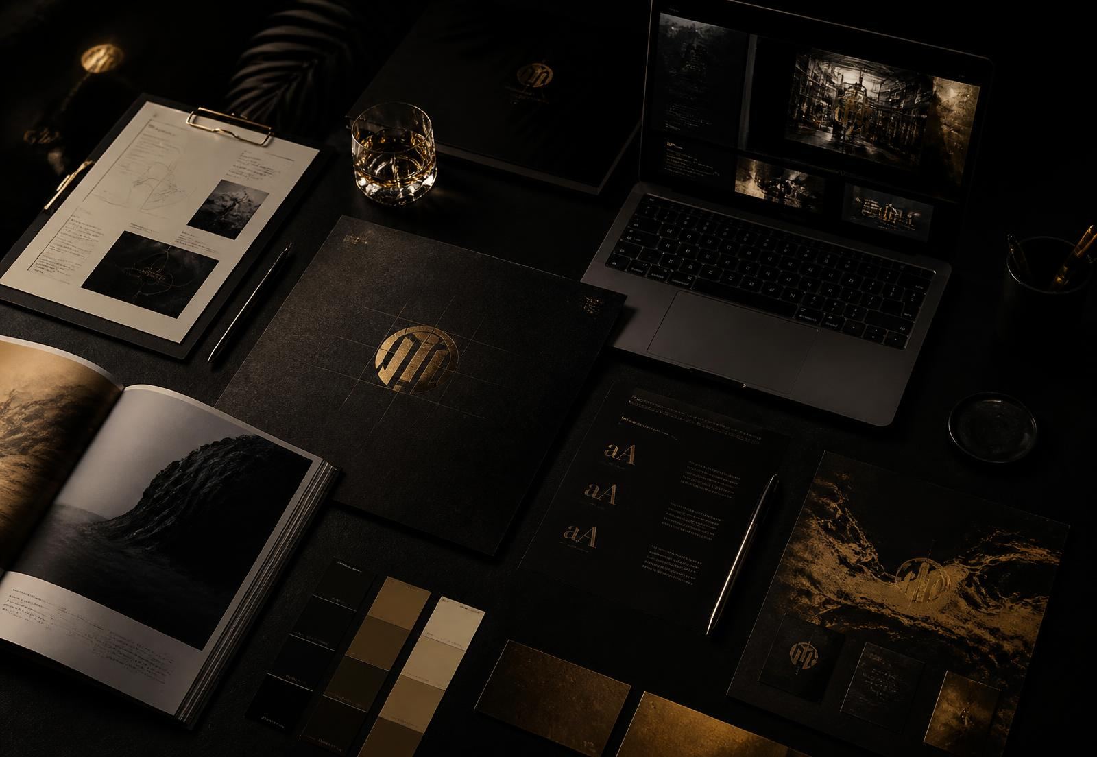 Brand strategy documents, identity boards and a dark website interface laid out in a studio