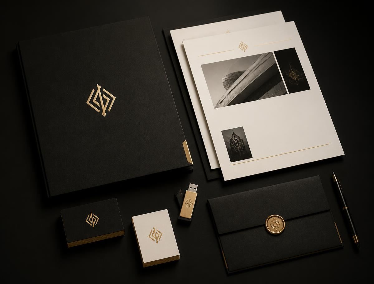 Printed media kit and press folder on a dark table