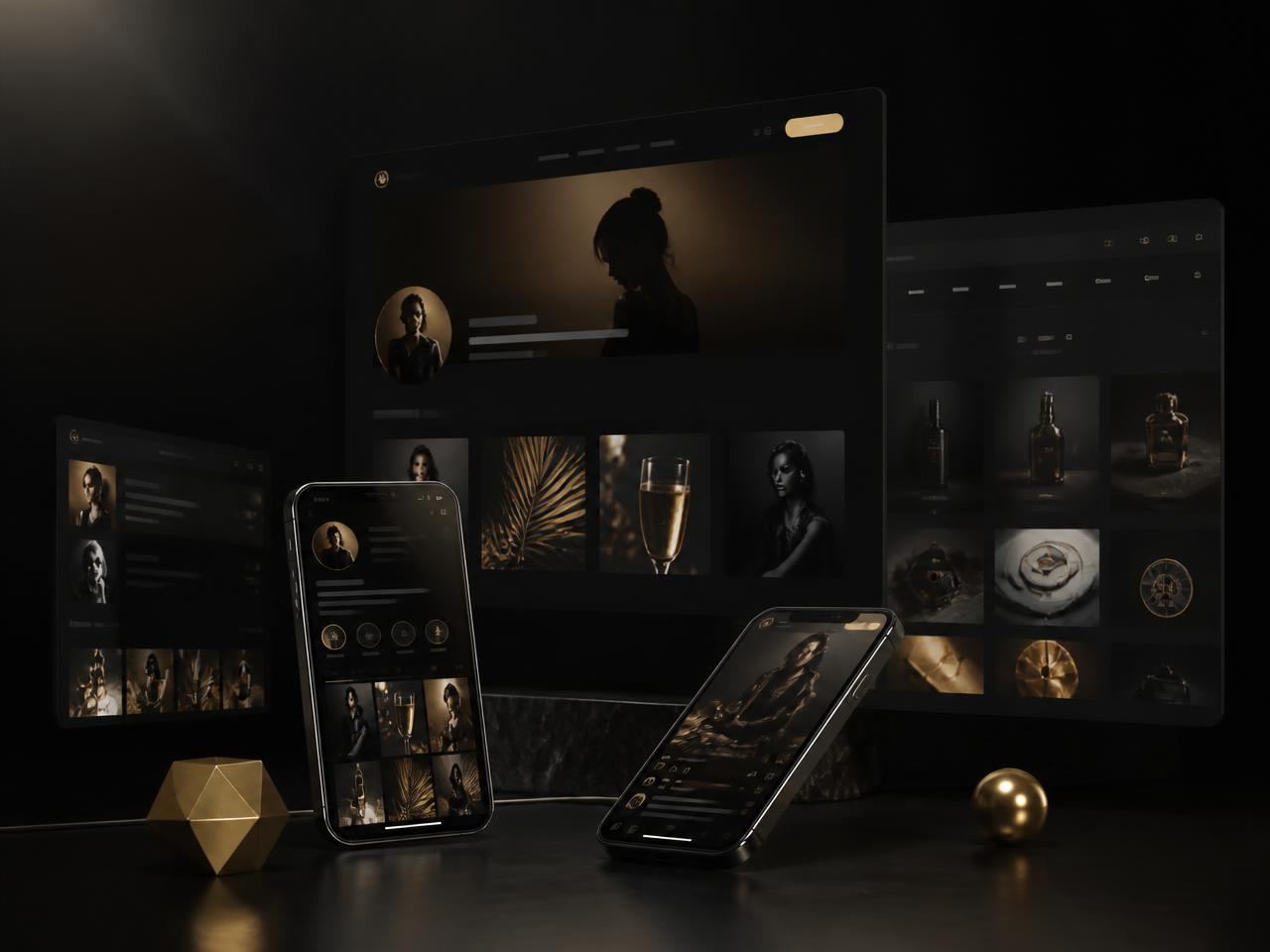 Dark-mode website and mobile interfaces with a social media ecosystem in depth