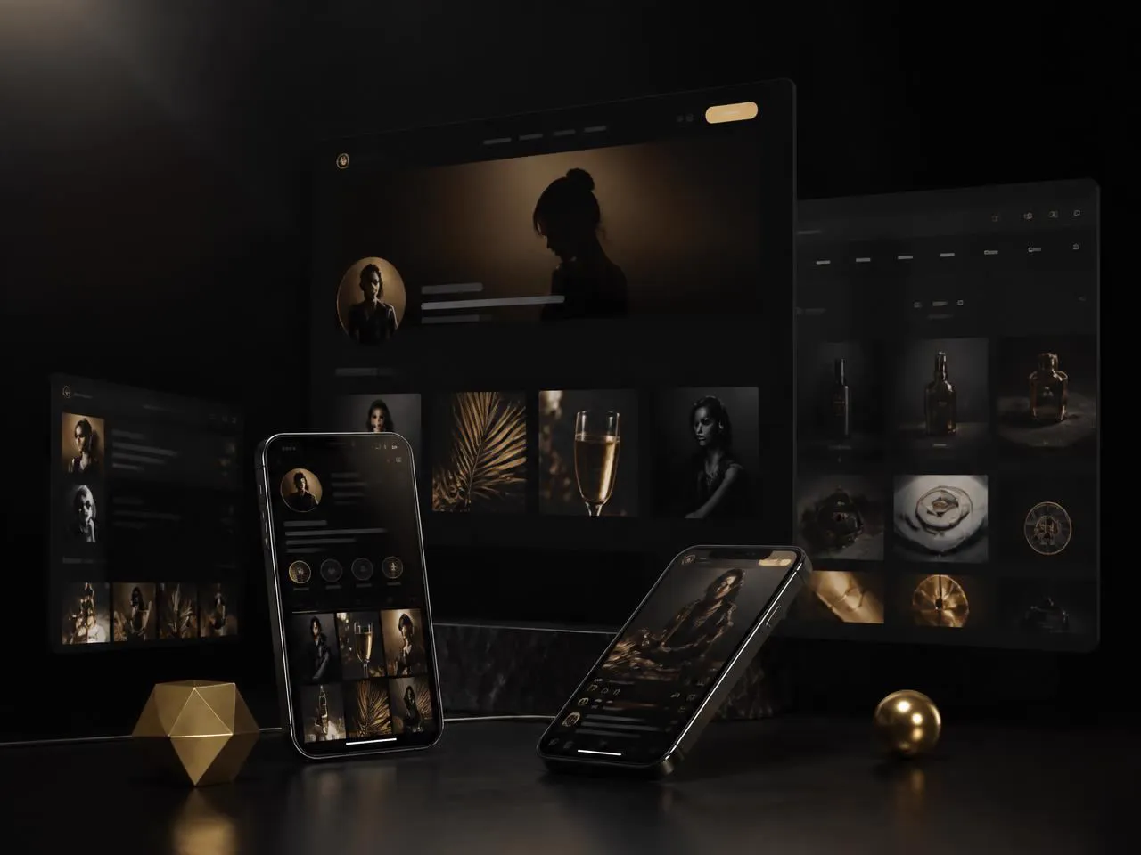 Dark-mode website and mobile interfaces with a social media ecosystem in depth