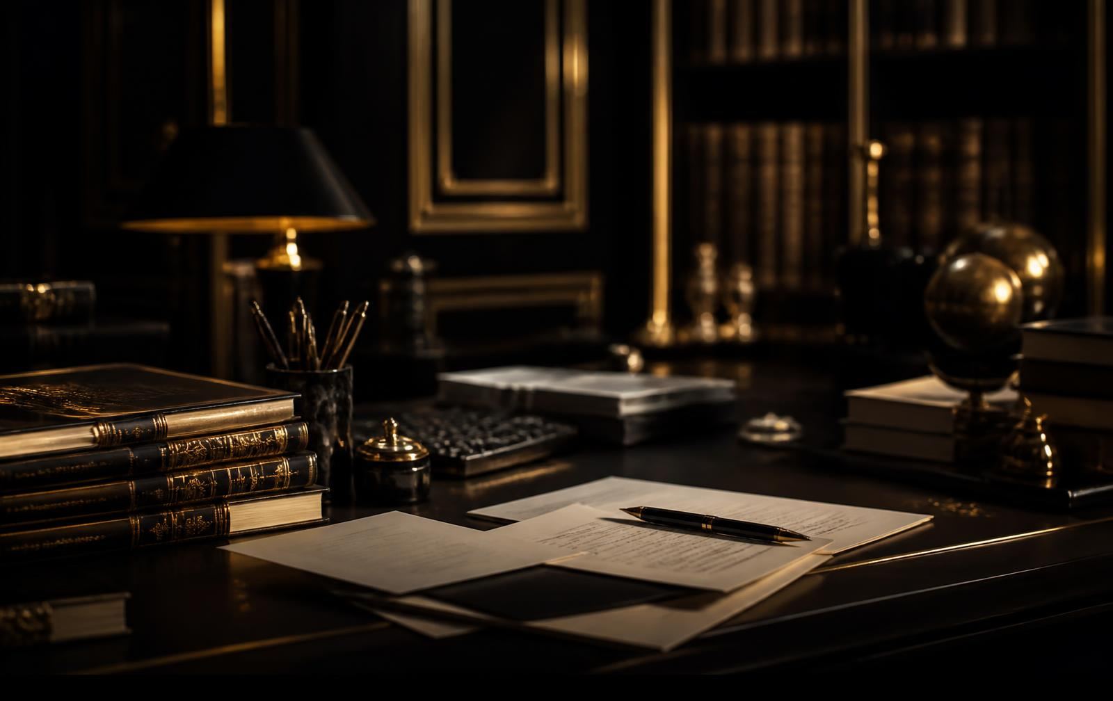 Dark publishing study with gold-foiled hardcover books, manuscript pages and a fountain pen