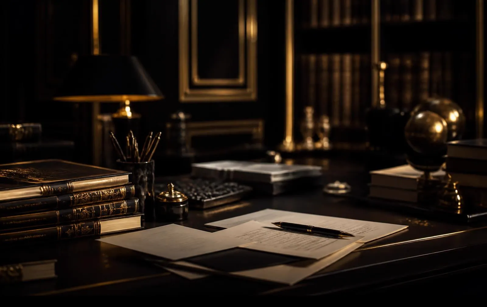 Dark publishing study with gold-foiled hardcover books, manuscript pages and a fountain pen