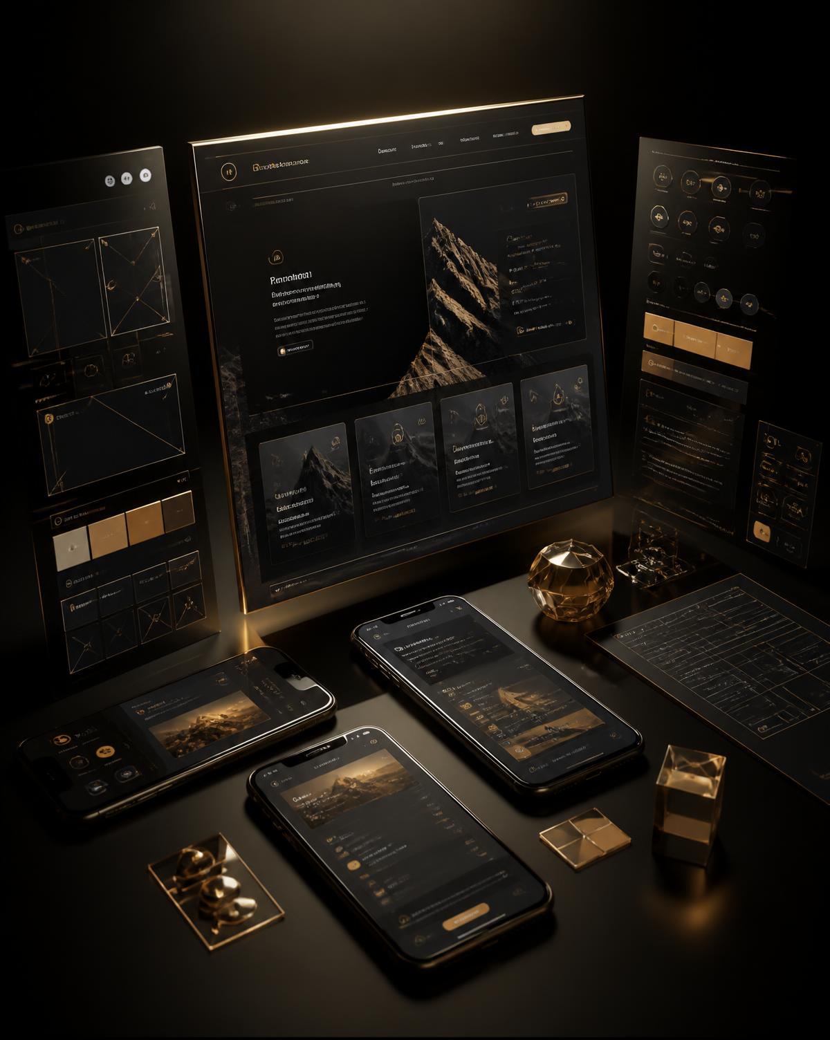 Dark-mode website and app interfaces with champagne gold accents in a digital studio