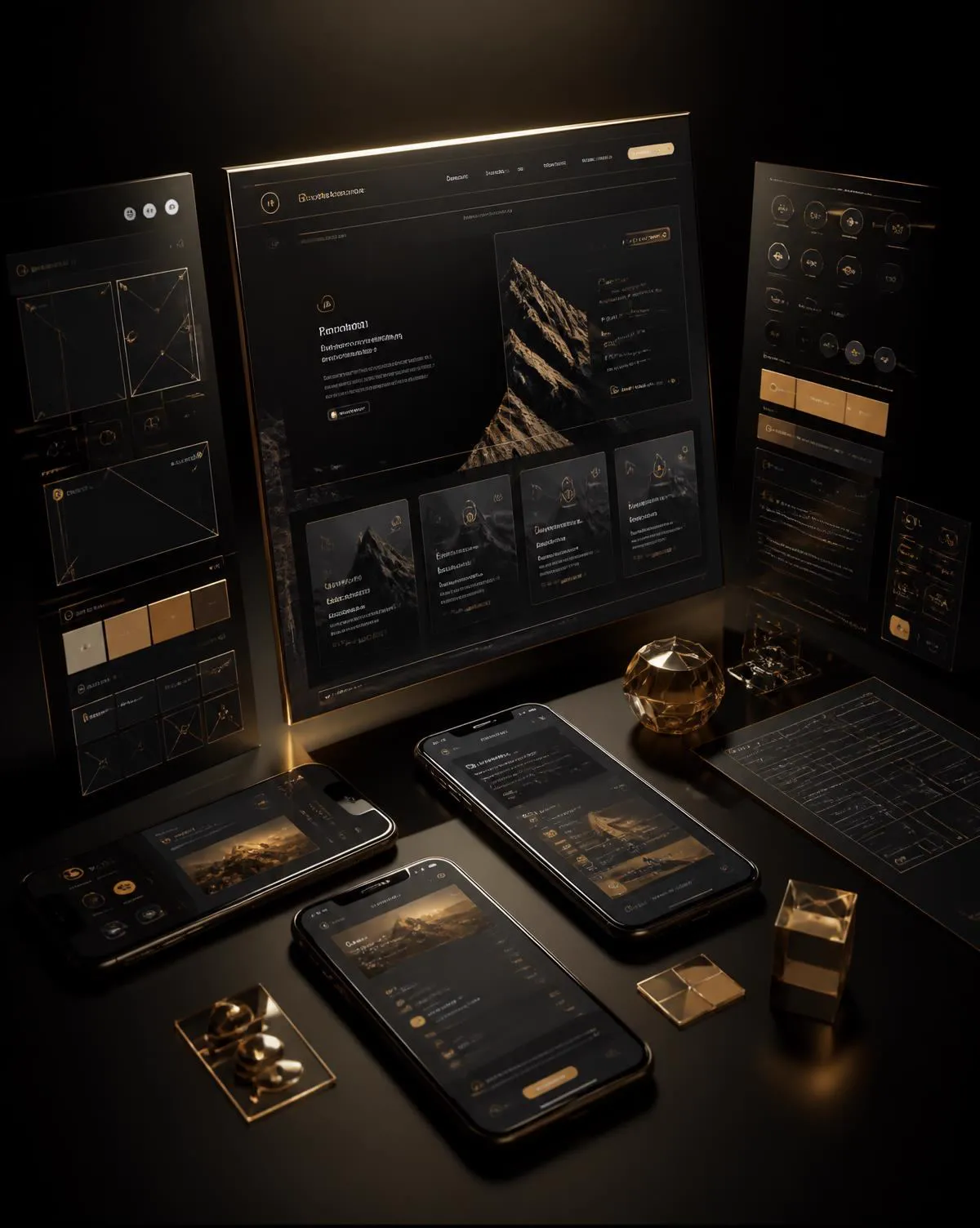 Dark-mode website and app interfaces with champagne gold accents in a digital studio