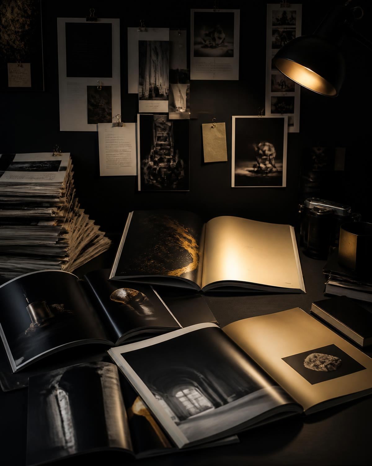 Open magazine spreads and press clippings under a warm spotlight
