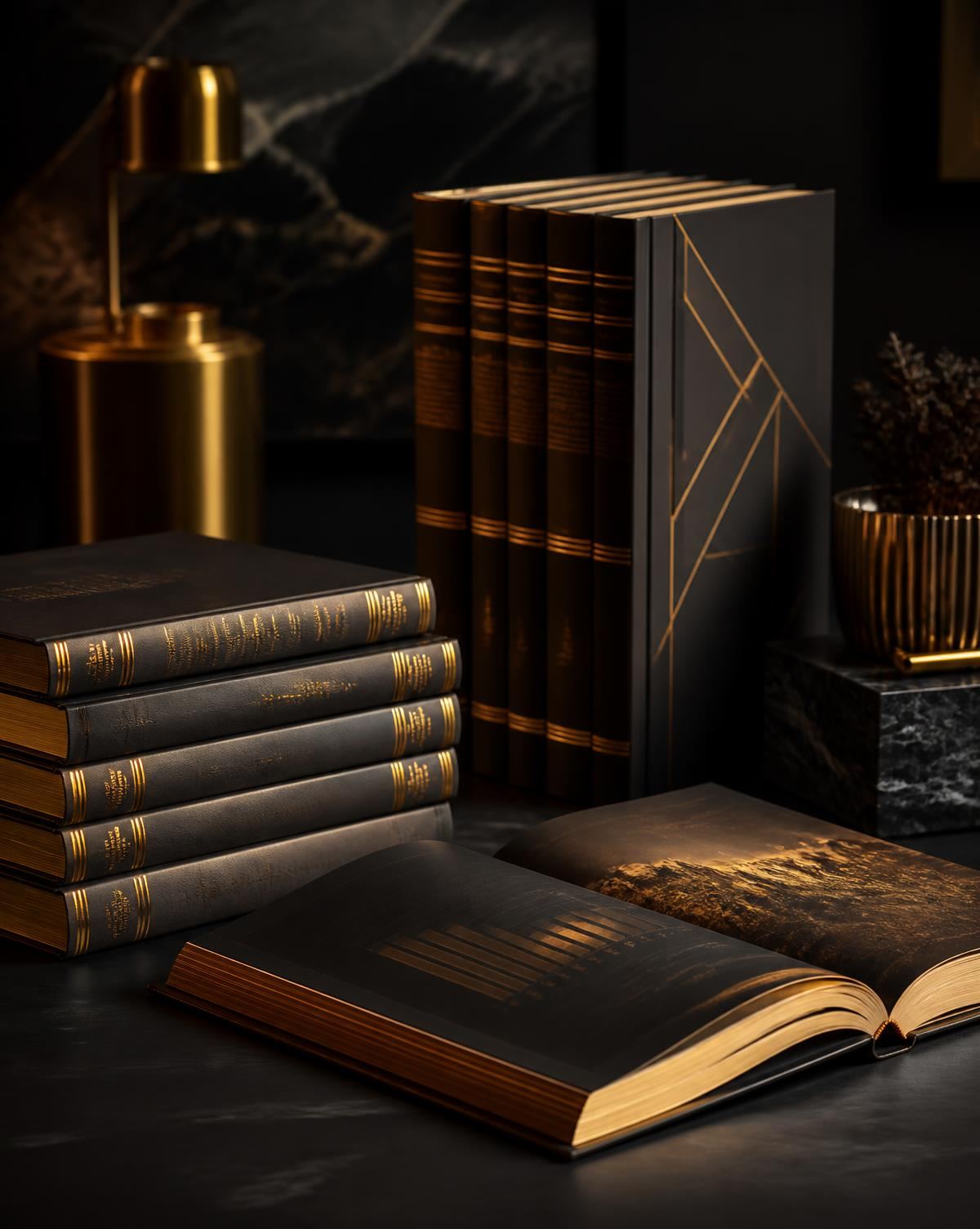 Hardcover books with gold foil spines and industry reports on a dark surface