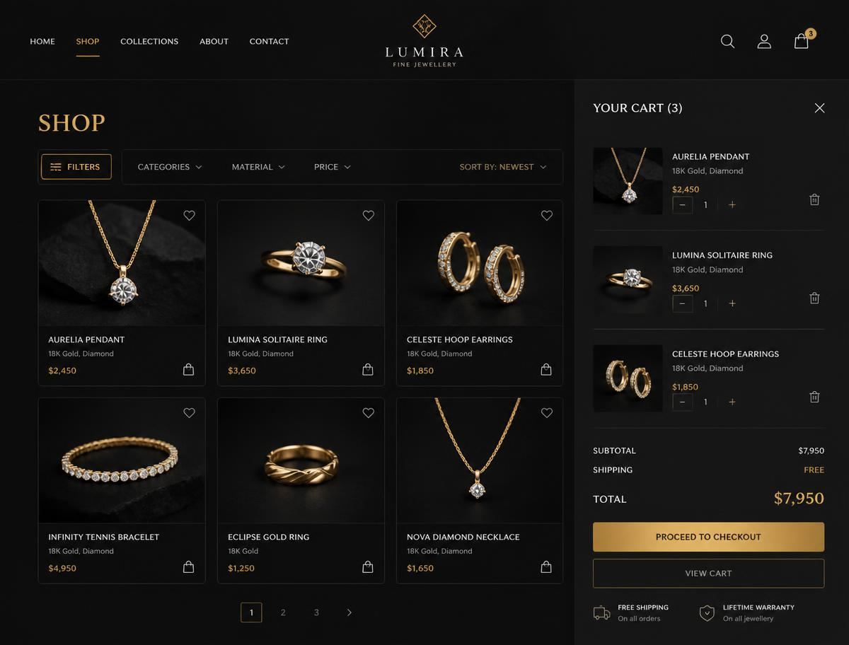E-commerce interface layouts on a dark surface